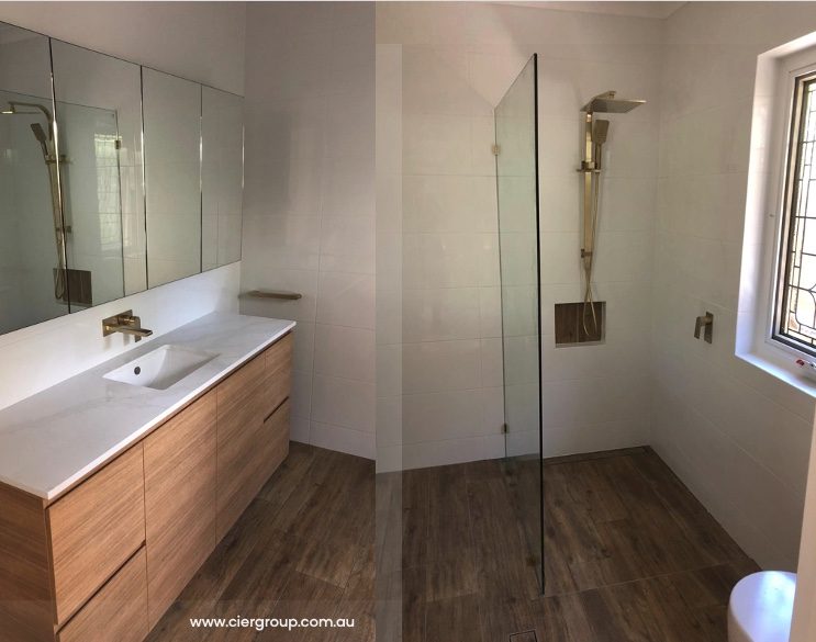 Bathroom fit-out with timber vanity and frameless shower